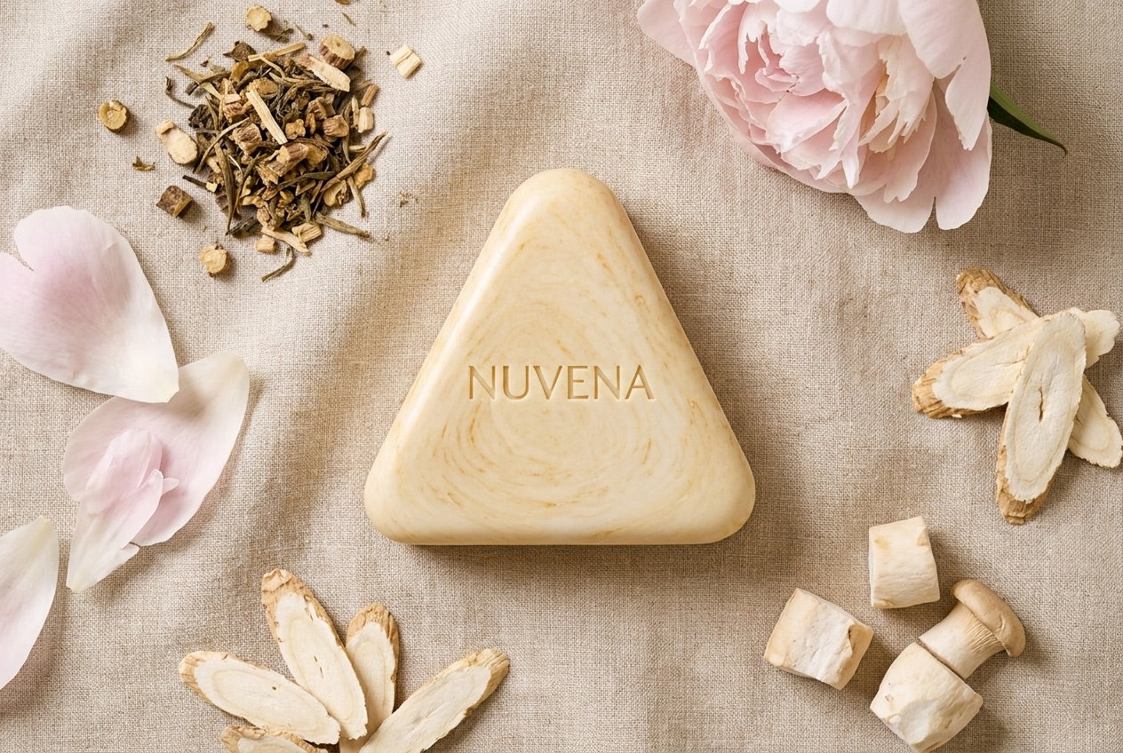 The Nuvena bar surrounded by traditional Korean herbs: peony, poria, dried roots