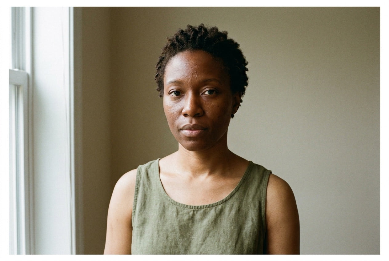 Woman with a visible tone difference between her face and her neck