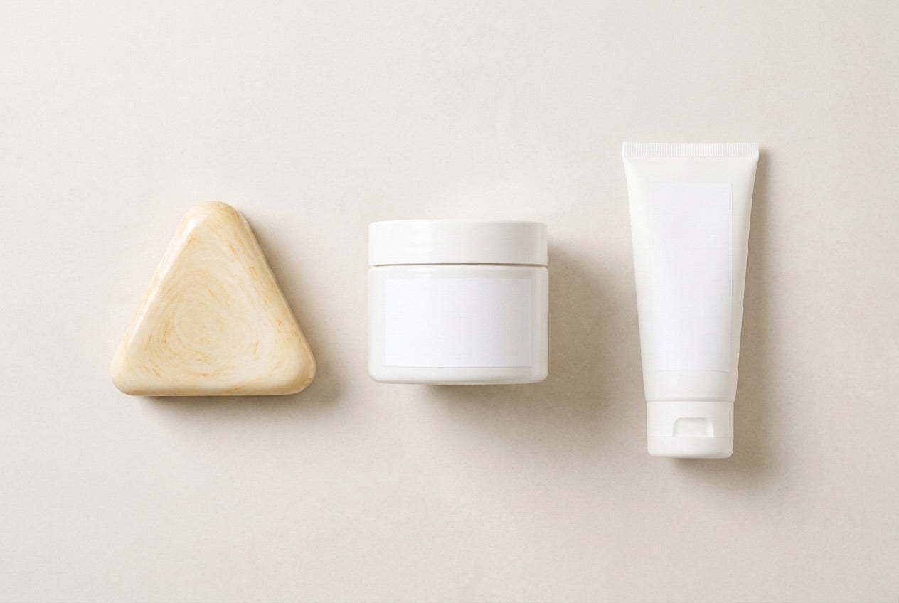 The full routine: the bar, a moisturizer, sunscreen