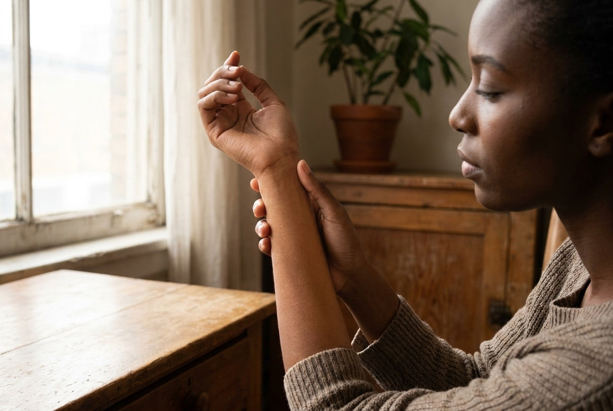Woman looking at the even skin of her inner arm