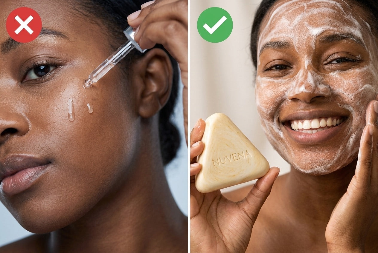 The wrong way: serum drops on the face. The right way: washing with the Nuvena bar.